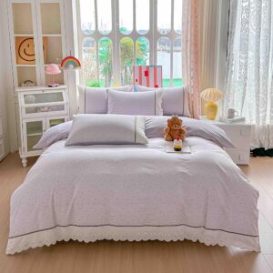 Lenjerie pat dublu  - bumbac 100 % , 4 piese, Cearceaf cu elastic , Lila cu Flori Delicate si Dantela