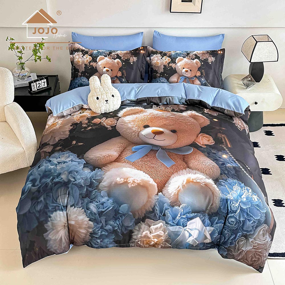 Lenjerie de pat dublu , Tesatura tip Finet, 6 piese , Imprimeu 5D Ursuleț Teddy și Flori 1 Lenjerie de pat dublu , Tesatura tip Finet, 6 piese , Imprimeu 5D Ursuleț Teddy și Flori
