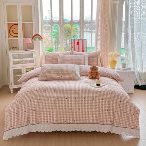 Lenjerie pat dublu  - bumbac 100 % , 4 piese, Cearceaf cu elastic , Roz Pudra cu Carouri, Inimioare si Dantela