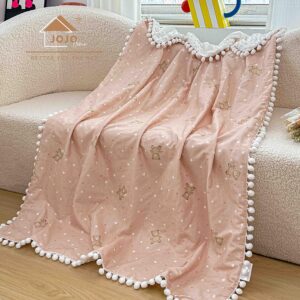 Păturică copii din bumbac 100% și Minky 3D, 100 x 150 cm  – Roz Pudrat , model cu Ursuleți și Steluțe