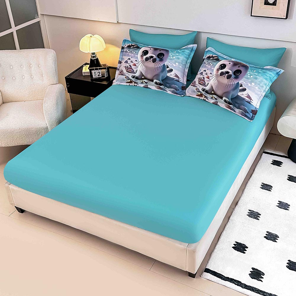 Lenjerie de Pat 1 Persoană- pat 140*200 cm, Cearceaf cu elastic, Imprimeu 5D, Bleu cu Pui de Foca 2 Lenjerie de Pat 1 Persoană- pat 140*200 cm, Cearceaf cu elastic, Imprimeu 5D, Bleu cu Pui de Foca - imagine 2