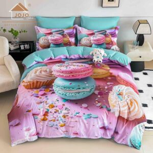 Lenjerie de Pat 1 Persoană- pat 140*200 cm, Cearceaf cu elastic, Imprimeu 5D,  Turcoaz si  Roz ,Macarons