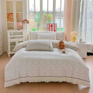 Lenjerie pat dublu  - bumbac 100 % , 4 piese, Cearceaf cu elastic , Flori Gri si Dantela