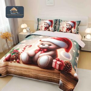 Cuvertură Crăciun 5D, 220x240 cm, Set 3 Piese -Ursuleț și Căciulă de Moș Crăciun