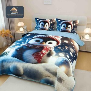 Cuvertură Crăciun 5D, 220x240 cm, Set 3 Piese -Pinguin și Fular Roșu