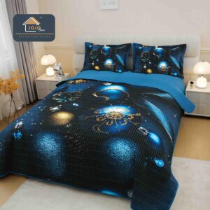 Cuvertură Crăciun 5D, 220x240 cm, Set 3 Piese -Bleumarin cu Globuri Albastre și Aurii