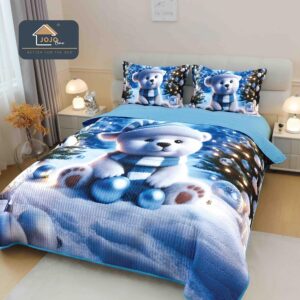 Cuvertură Crăciun 5D, 220x240 cm, Set 3 Piese -Ursuleț Polar și Fular Albastru