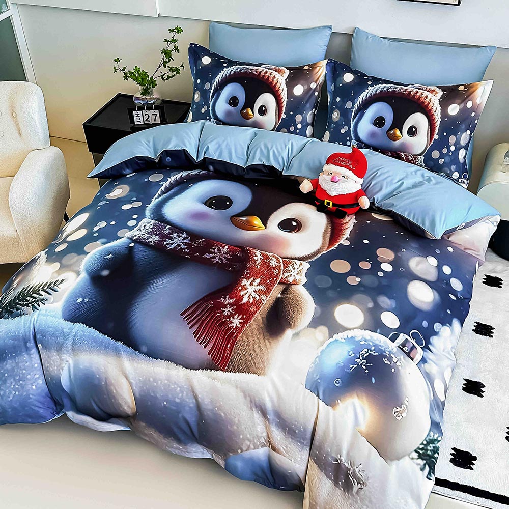 Lenjerie de Pat Dublu Crăciun 5D cu Pinguin și Fular Roșu 2 Lenjerie de Pat Dublu Crăciun 5D cu Pinguin și Fular Roșu - imagine 2