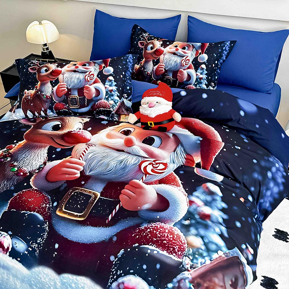 Lenjerie de Pat Dublu Crăciun 5D cu Moș Crăciun și Renul Rudolf 3 Lenjerie de Pat Dublu Crăciun 5D cu Moș Crăciun și Renul Rudolf - imagine 3