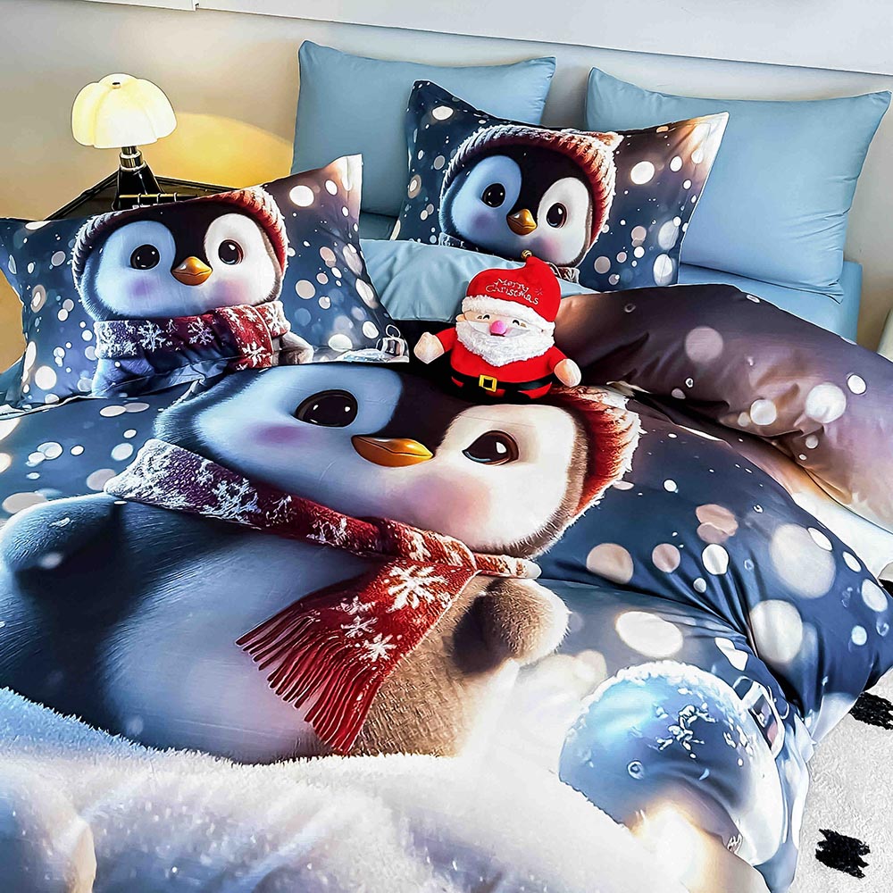 Lenjerie de Pat Dublu Crăciun 5D cu Pinguin și Fular Roșu 3 Lenjerie de Pat Dublu Crăciun 5D cu Pinguin și Fular Roșu - imagine 3