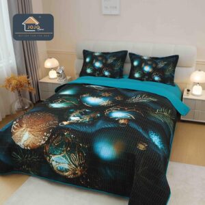 Cuvertură Crăciun 5D, 220x240 cm, Set 3 Piese - Verde Smarald cu  Globuri Aurii și Turcoaz