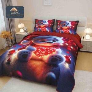 Cuvertură Crăciun 5D, 220x240 cm, Set 3 Piese -Ursuleț Polar și Inimă Luminoasă